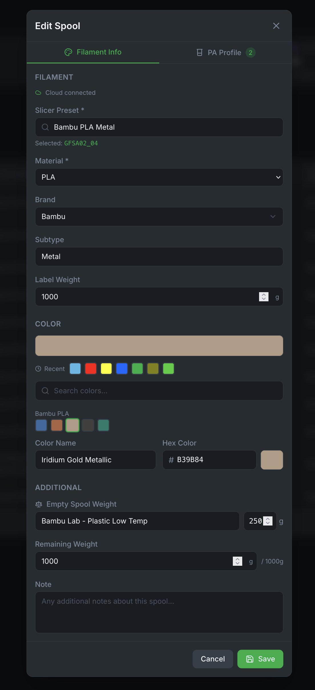 Edit Spool — Filament Info