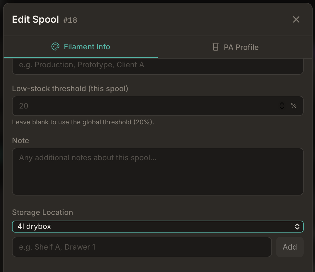 Edit Spool — Storage Location dropdown