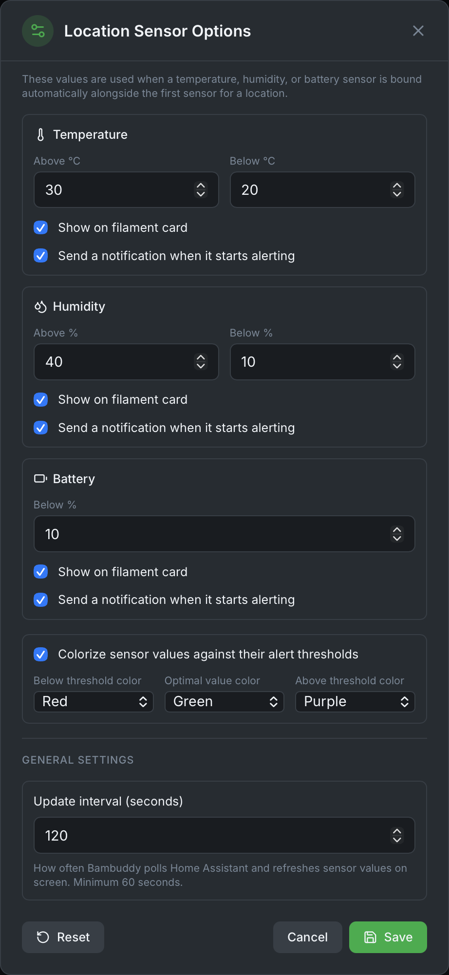 Location Sensor Options dialog