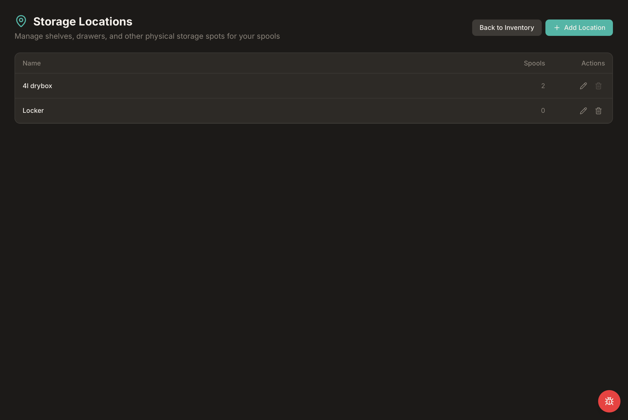 Storage Locations page