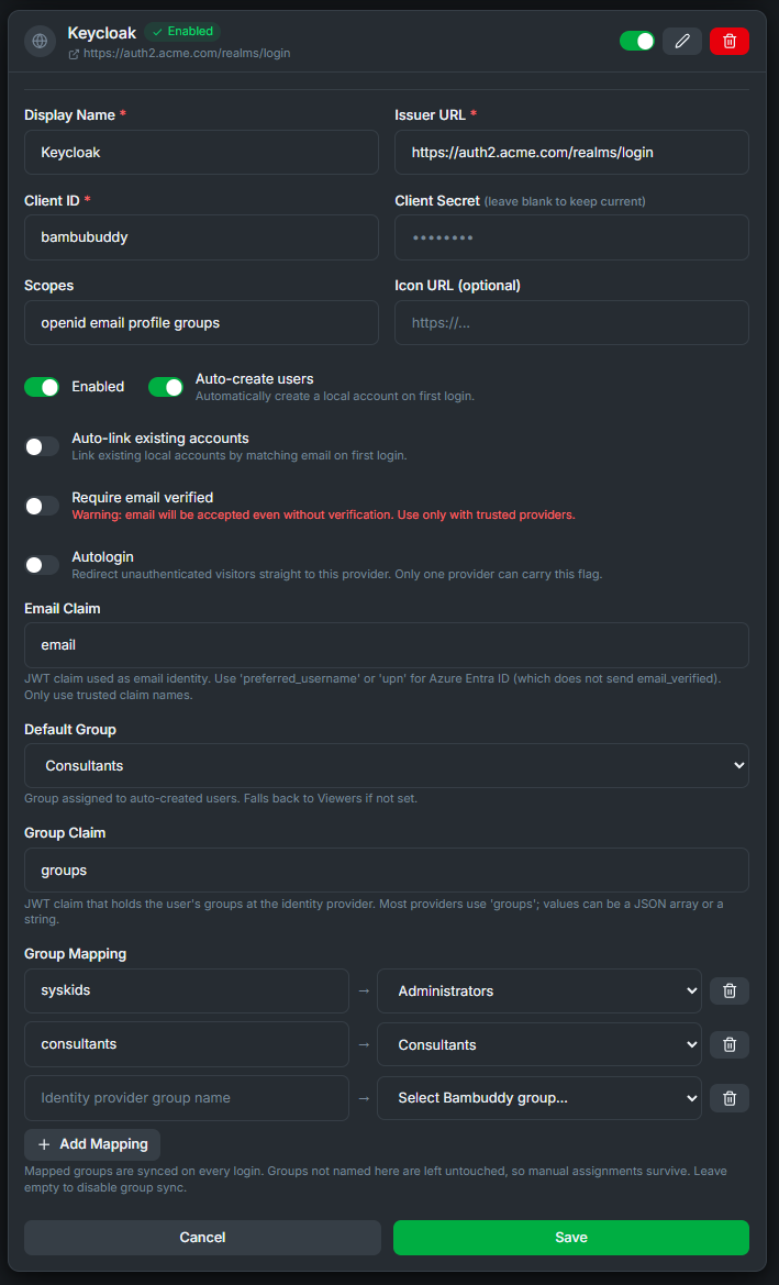 OIDC provider form with Group Claim and Group Mapping rows