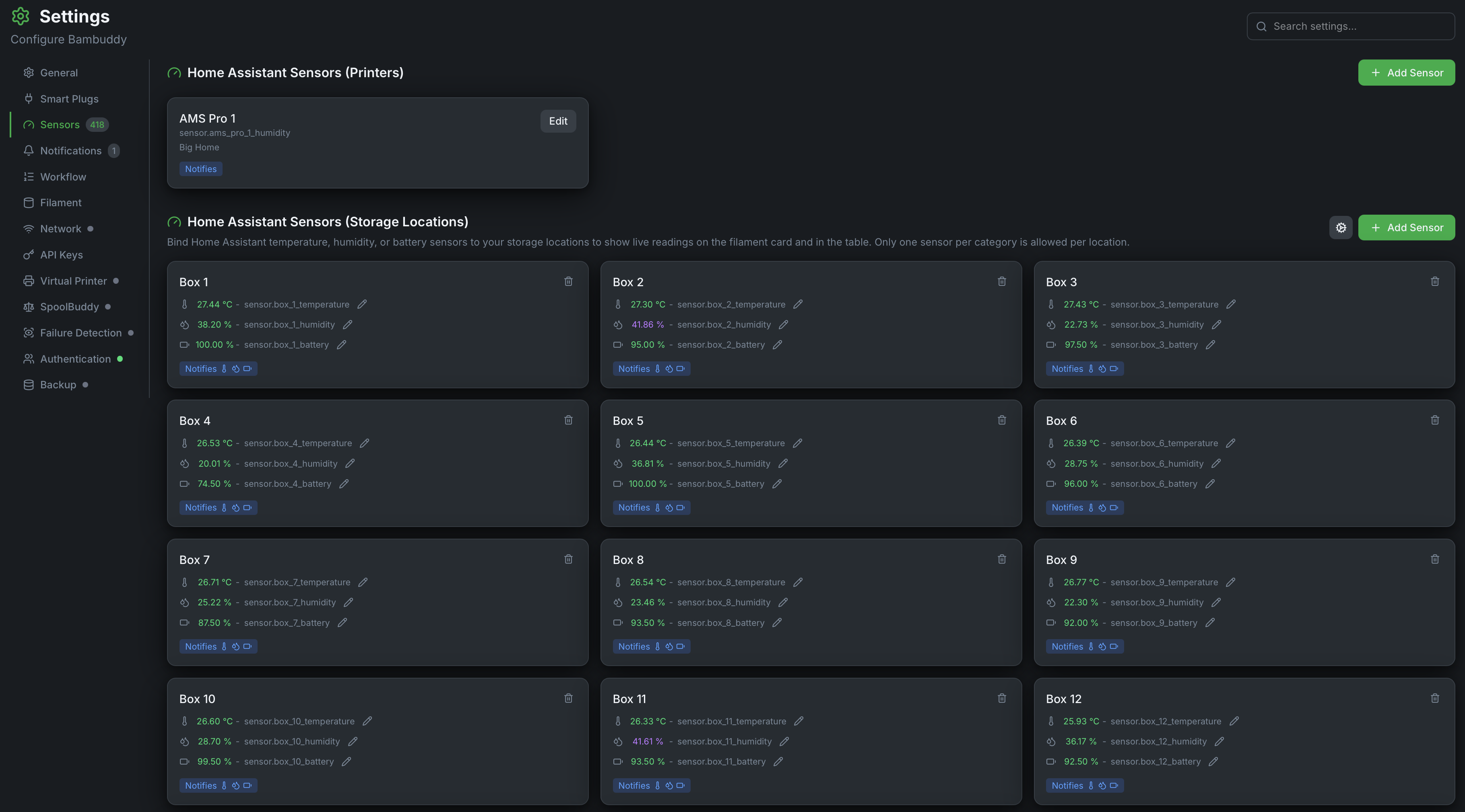 Settings — Sensors overview