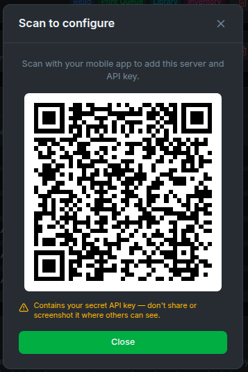 API key QR code popup