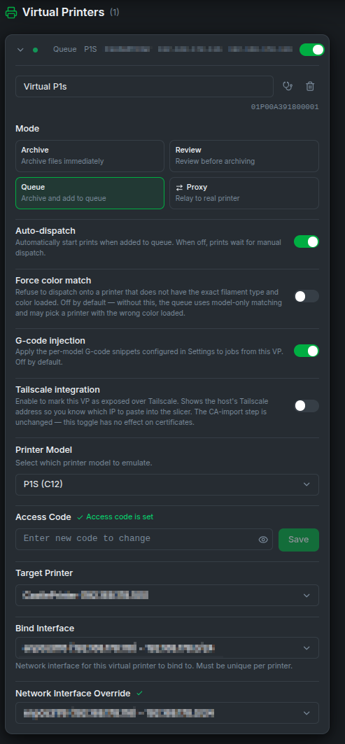 A Print Queue mode virtual printer showing the Auto-dispatch, Force color match, and G-code injection toggles